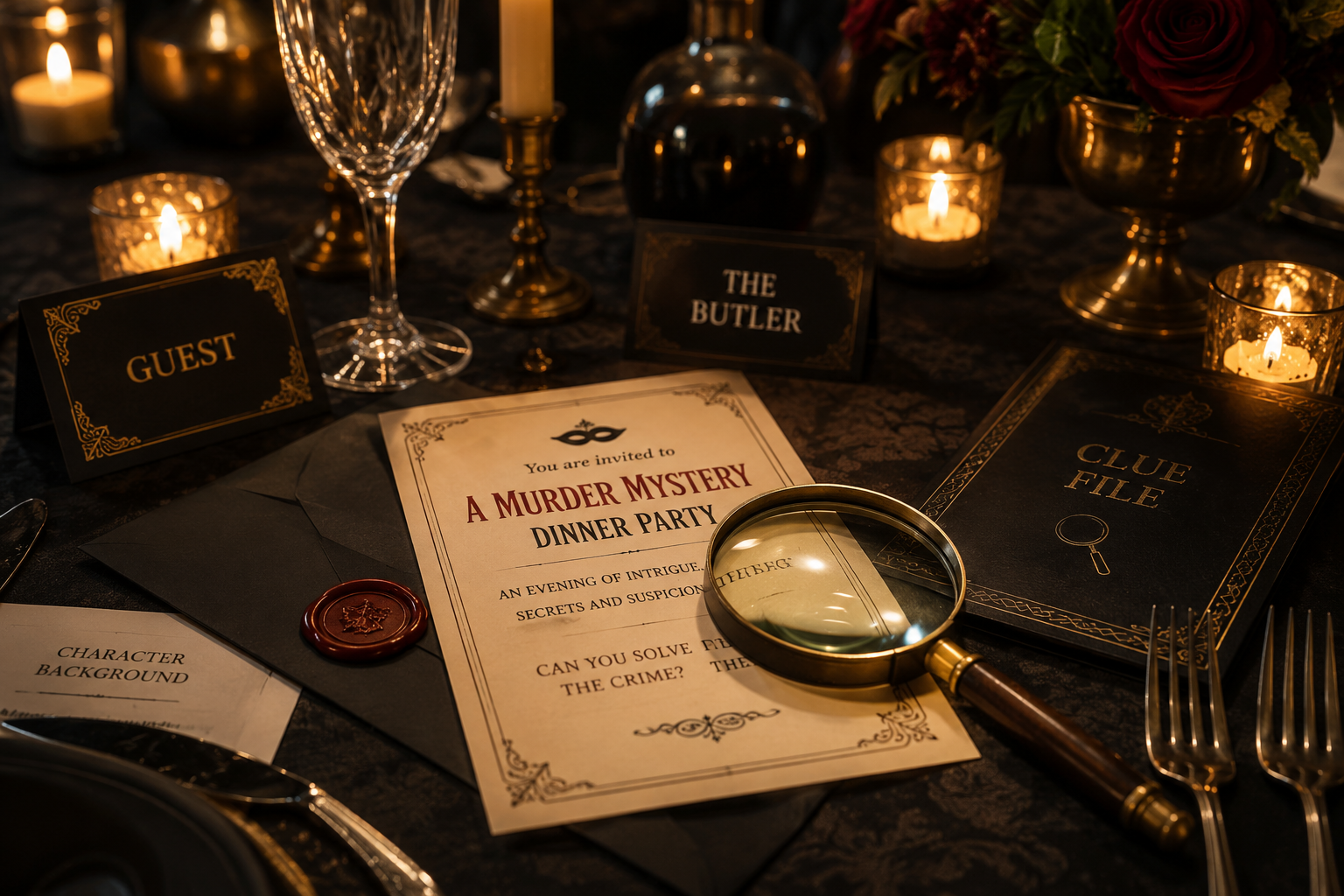 A candlelit table set for a murder mystery dinner party, with a magnifying glass resting on an invitation card