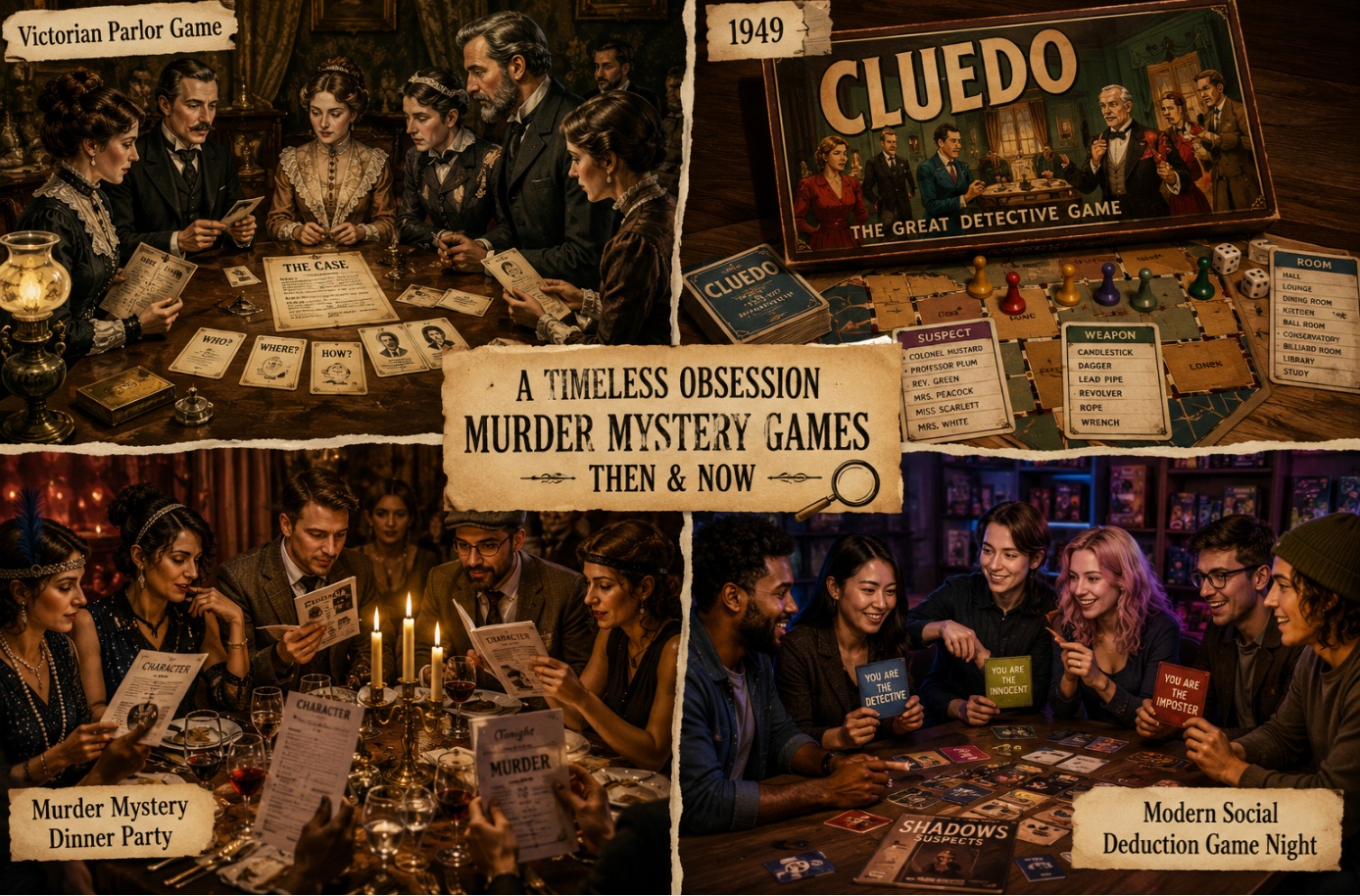 A collage-style illustration showing a Victorian parlor game, a 1949 Cluedo box, and a modern social deduction game night